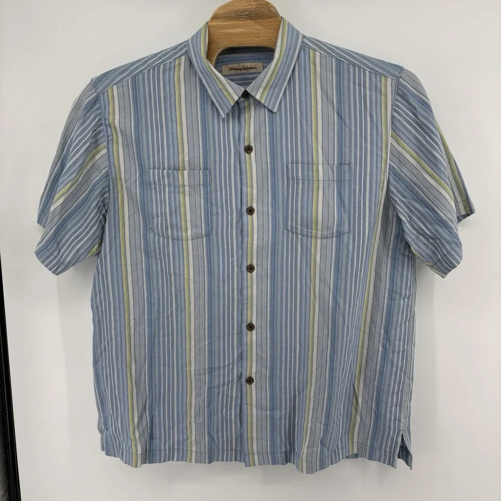 Tommy Bahama Shirt Mens XLarge Blue Yellow Striped 100% Silk Button Up Casual - Picture 2 of 12